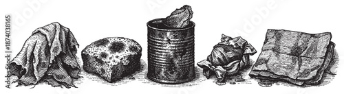A vintage sketch of five distinct objects, including a crumpled cloth, a rough stone, an open tin can with contents, and a folded piece of paper, arranged side by side on a white background.