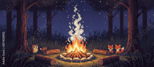 Charming pixel art illustration of forest animals, an owl and two foxes, gathered around a crackling campfire under a starry night sky in a serene forest