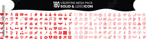Valentine mega pack featuring one hundred eighty solid and line icons in red and grey including hearts cupid gifts and romantic elements for universal design projects on transparent backgrounds