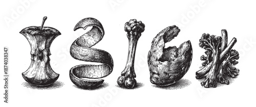 A collection of discarded food elements, including an apple core, spiralized peel, bone, and vegetable stalks, rendered in a vintage sketch style on a white background.