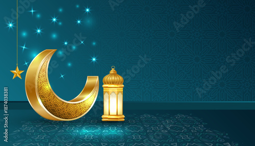 Ramadan Kareem blue luxury golden crescent moon lantern. Eid Mubarak Islamic background banner with pattern.