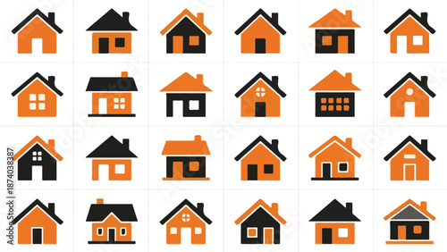 Collection of various house icons and symbols in orange and black