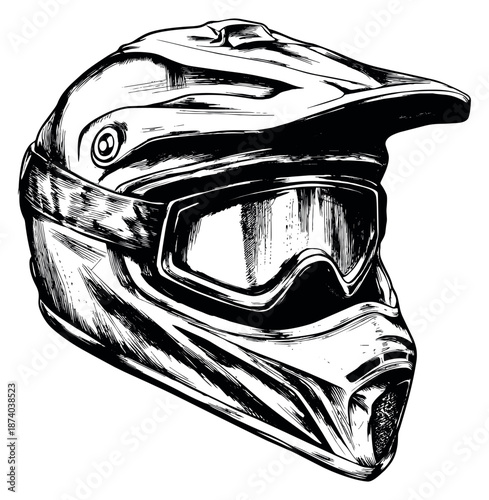 Hand drawn line art illustration of a motocross helmet depicting protective gear for extreme sports