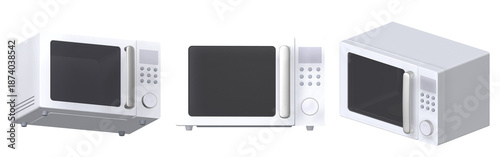 Canvastavla Modern white microwave oven 3D render showing multiple angles, stainless steel k