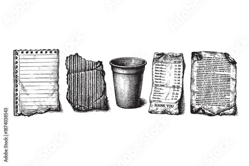 A collection of vintage hand-drawn illustrations featuring a notepad, torn cardboard, a paper cup, and a receipt with prices, all rendered in a sketchy black and white style.