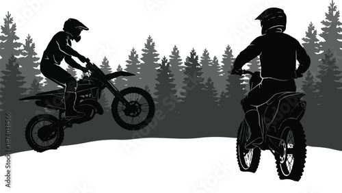 Silhouettes of motocross riders in a stylized winter forest landscape