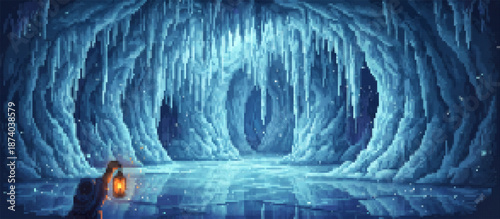 A stunning pixel art ice cave bathed in blue light, featuring hanging icicles, a glowing lantern, and a reflective icy floor. Perfect for games