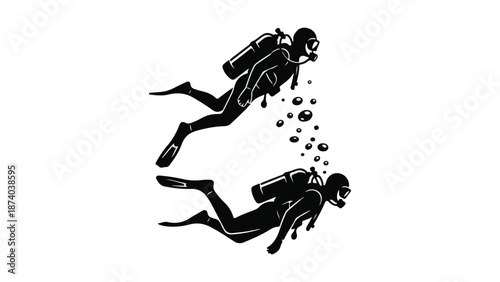 Black silhouette illustration of two scuba divers swimming underwater with bubbles