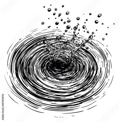 Hand drawn line art illustration of a powerful whirlpool depicting dynamic swirling water for a concept of motion or force