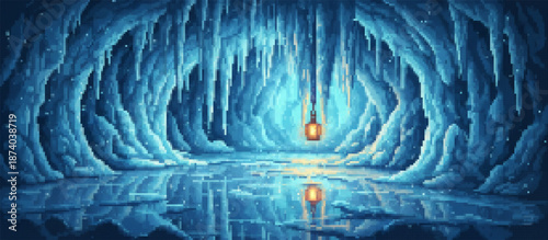 A stunning pixel art ice cave bathed in blue light, featuring hanging icicles, a glowing lantern, and a reflective icy floor. Perfect for games