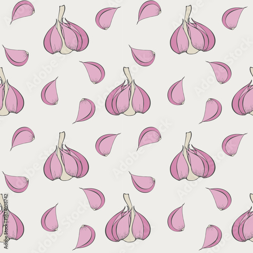  Cooking and spices, aromatic food. Garlic cloves hand drawn doodle on beige background. Vector illustration
