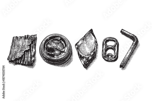 A stark black and white line drawing depicts discarded waste items, including crumpled paper, a can lid, plastic wrapper, soda tab, and a bent straw, arranged linearly on a white background.