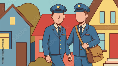 Two postmen in blue uniforms delivering mail in a residential neighborhood