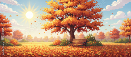 A vibrant pixel art autumn landscape features a grand tree with orange leaves, a park bench, and a field covered in fallen foliage under a bright sunny sky