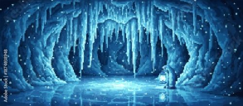 A stunning pixel art ice cave bathed in blue light, featuring hanging icicles, a glowing lantern, and a reflective icy floor. Perfect for games