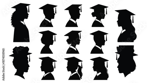 Diverse Graduates Profile Silhouettes, Graduation Celebration Set