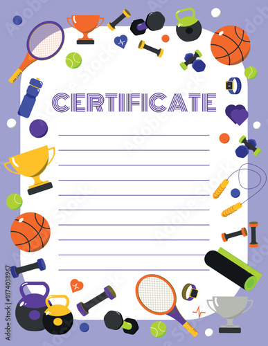 Sport certificate template with purple background and various sports equipment and trophies surrounding it with lines