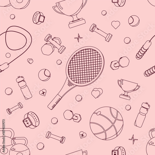 Sports equipment seamless pattern. Different balls, tennis racket, cups. Background for wallpaper, packaging, wrappers