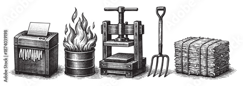 This vintage woodcut illustration depicts a sequence of destruction and preparation: a paper shredder, a barrel of burning paper, a book press, a pitchfork, and a hay bale.