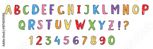 Crayon kid font. Grunge alphabet with chalk texture doodle letters. Colorful typography and childish letters for school design. Playful funny brush painted an uppercase vector letters