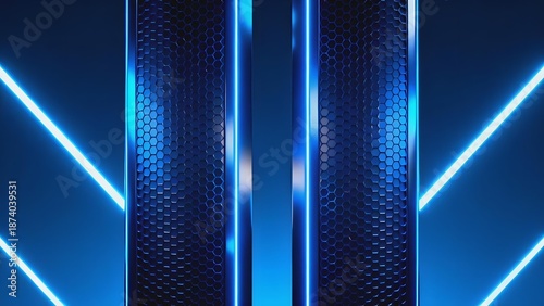 Abstract blue neon light panels with hexagonal texture and glowing lines