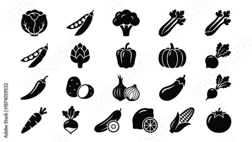 Collection of black and white vector icons of fresh healthy vegetables and fruits