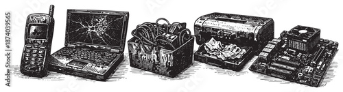 A collection of old and broken electronic devices, including a cell phone, laptop, cables, printer, and circuit board, rendered in a stark black and white illustration style.