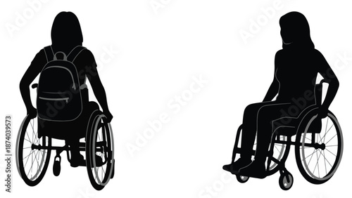 Two women in wheelchairs, black silhouettes on a white background