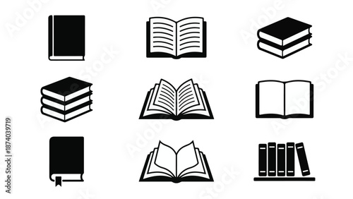 Set of diverse book icons and symbols for education and reading design