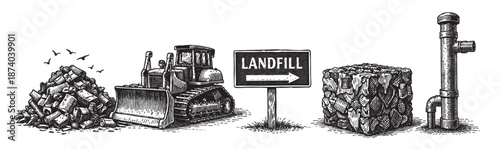 A vintage black and white illustration depicts a landfill scene with a bulldozer, trash pile, sign, compressed waste, and vent pipe.