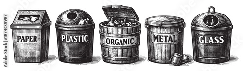 A black and white woodcut-style illustration displays five distinct bins for waste separation: Paper, Plastic, Organic, Metal, and Glass, promoting environmental awareness and recycling.