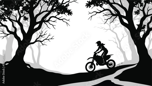 Female dirt bike rider on a winding trail in a silhouetted forest landscape