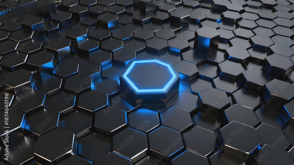 Fototapeta premium Hexagonal grid with glowing blue center cell on dark surface