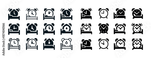 Set of black and white alarm clock and bed icons for sleep and wake-up concepts
