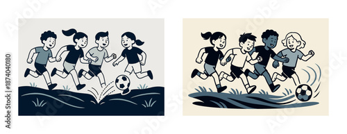 Children playing soccer outdoors - diverse group of happy kids