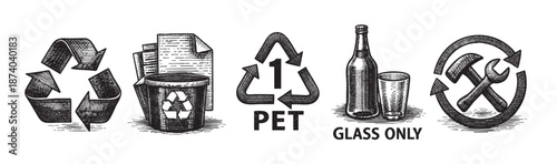 A hand-drawn, black and white illustration showcasing various recycling symbols including the universal recycle symbol, a waste bin, PET plastic symbol, and glass recycling.
