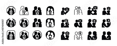 Diverse silhouette icons of people taking photos in various poses and frames