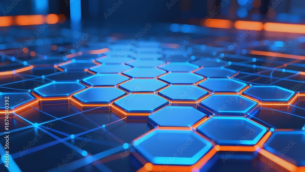 Fototapeta premium Futuristic hexagonal grid with glowing blue and orange lights on a high-tech surface