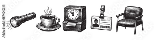 A hand-drawn illustration in a vintage style depicts a flashlight, steaming coffee cup, time clock, ID badge, and an armchair arranged on a white background.