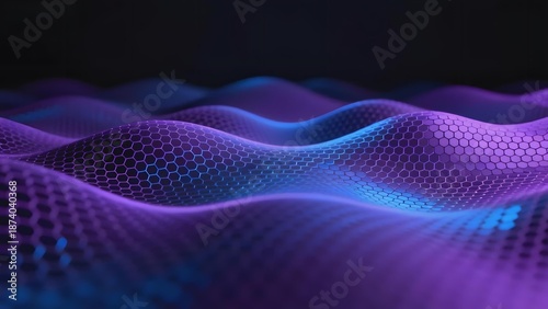 Abstract wavy surface with hexagonal pattern illuminated in purple and blue hues