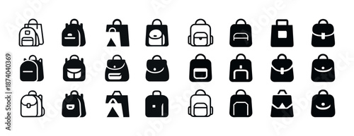 Collection of 24 diverse backpack icons in black and white