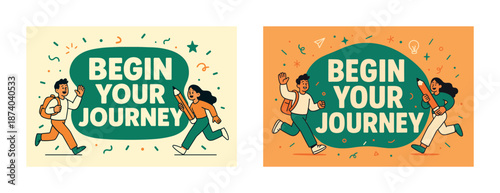 Cartoon illustration of young caucasian male and female adventurers starting a journey