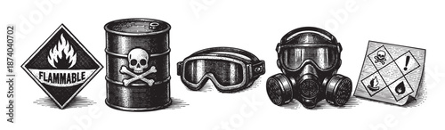 A woodcut-style illustration depicts a collection of hazardous warning symbols and safety gear, including a flammable sign, a skull and crossbones barrel, goggles, and a gas mask, evoking a sense of d