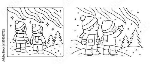 Cartoon kids watching northern lights in winter landscape