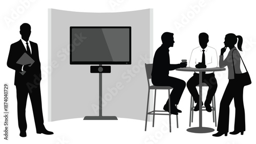 Business people silhouettes networking at corporate event with display screen