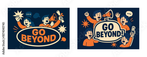 Animated figures encouraging team with megaphone and go beyond message