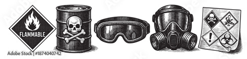 A woodcut-style illustration depicts a collection of hazardous warning symbols and safety gear, including a flammable sign, a skull and crossbones barrel, goggles, and a gas mask, evoking a sense of d