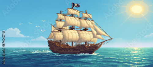 Pixel art pirate ship with full sails navigates a calm ocean at sunset, reflecting golden light. An adventurous, retro illustration of a classic seafaring journey