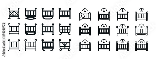 Collection of stylish baby crib icons in various designs and styles