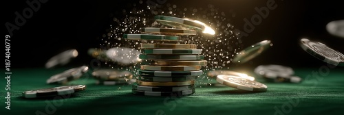 Stack of casino gambling chips on poker table, with several chips falling and sparkling particle around, depicting game, win, and excitement